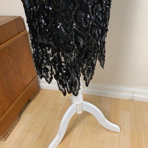 Vintage Sweet Love Black Silk Beaded Sequin Dress Sheer Sleeves L Whimsy Goth - Picture 10 of 12